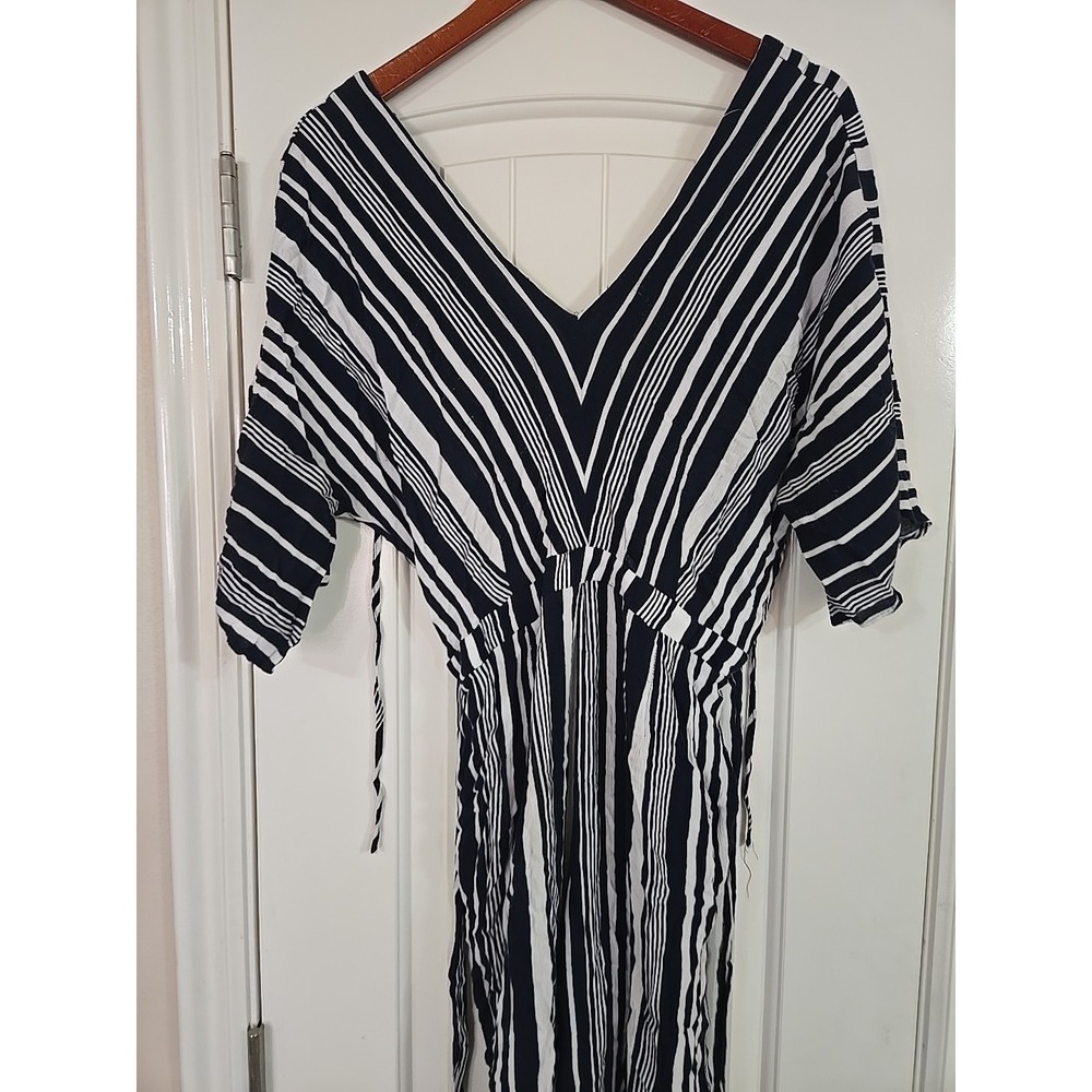 NY&Co Blue White Striped Off The Shoulder Jumpsuit Medium Wide Leg Summer - Picture 11 of 14